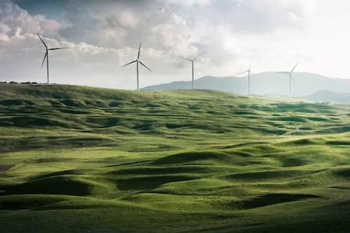 Wind turbines against a sunset